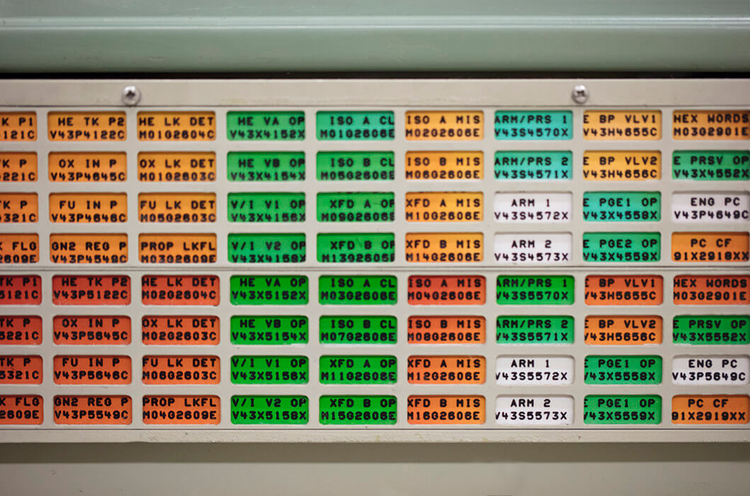 Flight controllers in Historic Mission Control didn’t have the touch screen technologies that are prevalent today. They utilized notification panels like this to help track the information relayed from space to Earth.